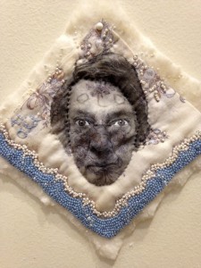 41.Old_9in x 9in laser-print, acrylic, threads, floss, glass-beads on vintage cotton hankie_2015